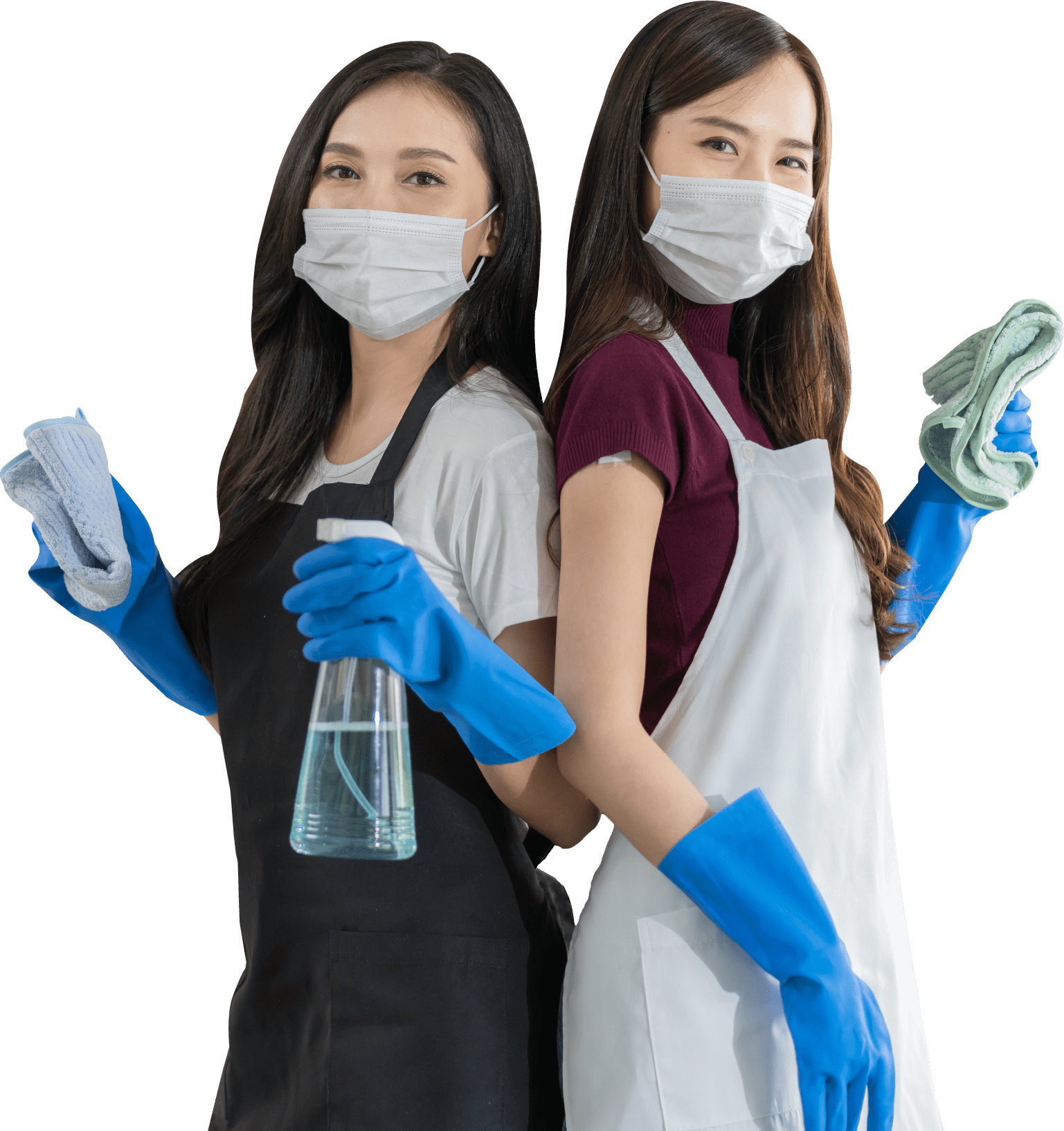 Two masked women in aprons stand back-to-back with cleaning supplies, showing teamwork and readiness.
