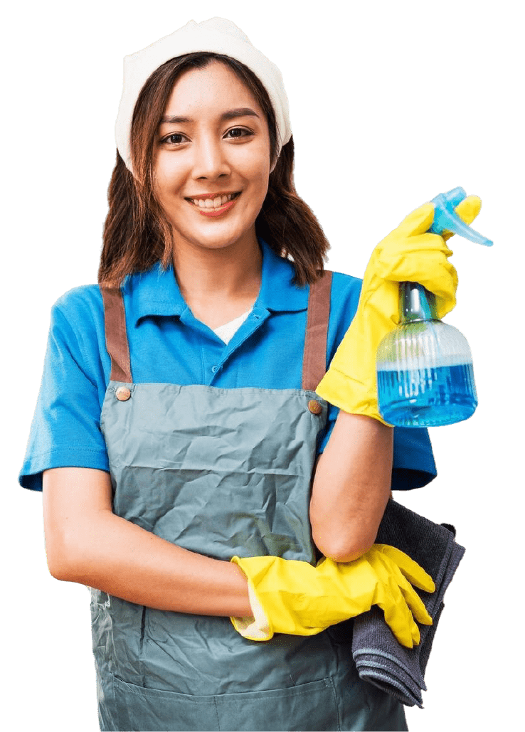 Smiling woman in cleaning apron and gloves holds a blue spray bottle